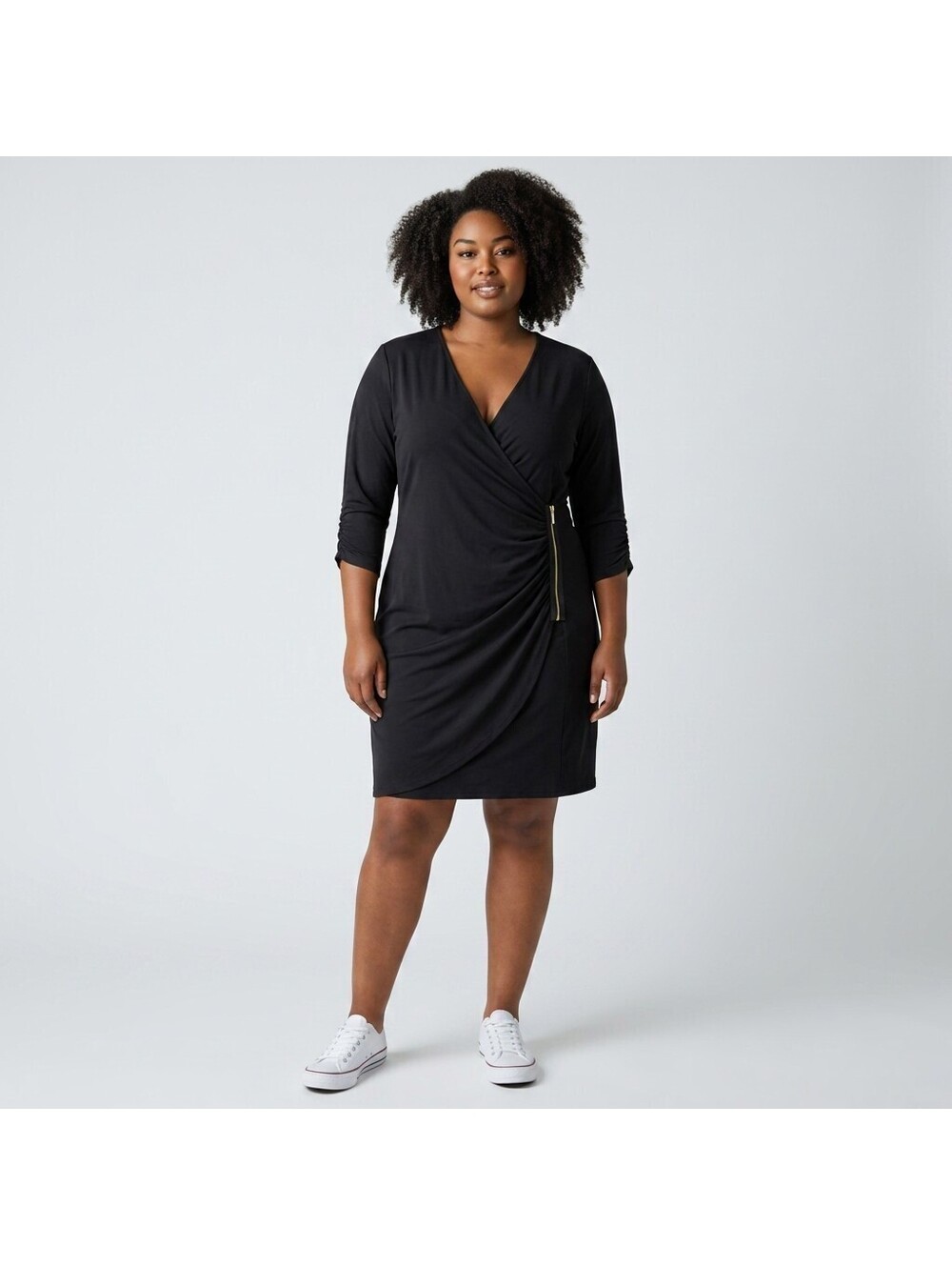 Nicki Minaj Dress Women XL Black Wedding Guest Sheath Midi Zipper V-Neck Casual
